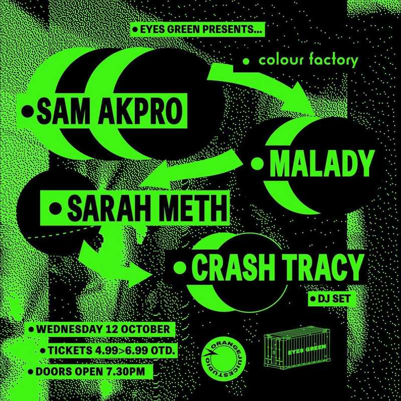 Sam Akpro tour poster. Green background, black text